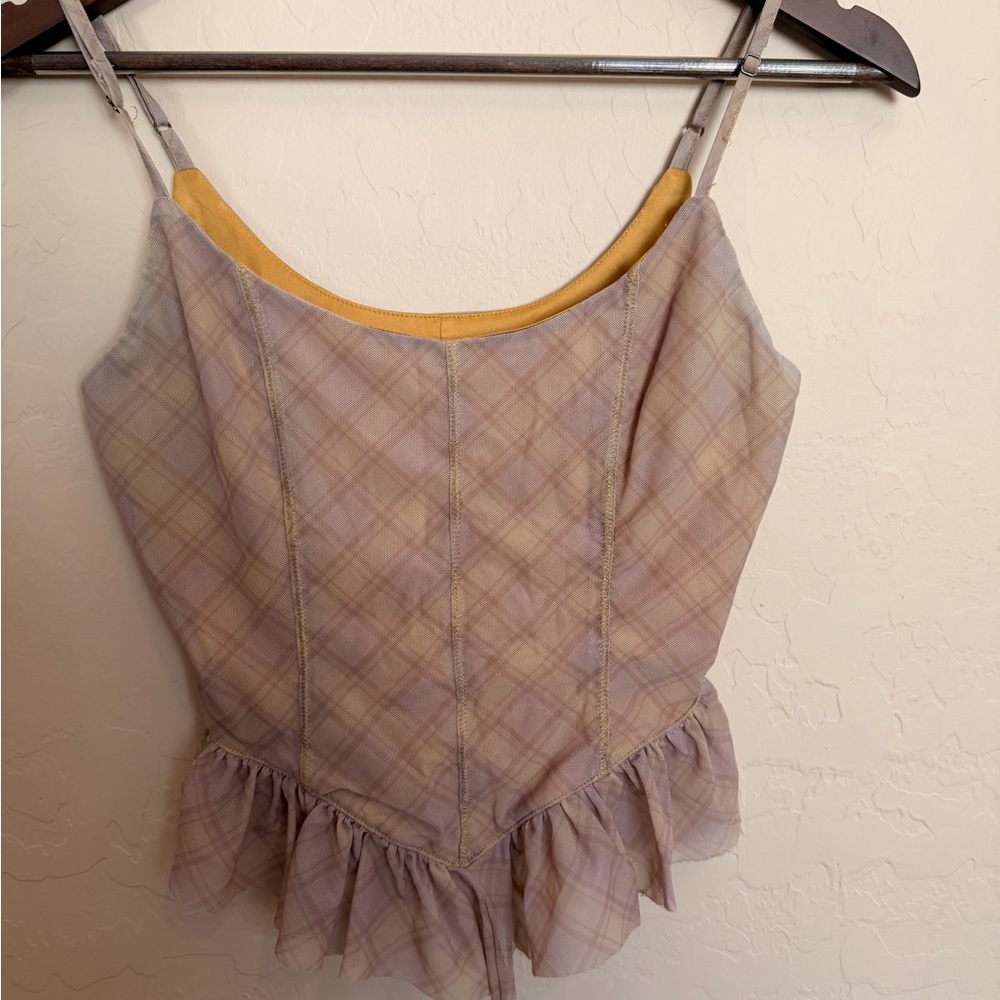 Urban Outfitters Lavender Plaid Ruffle-Hem Camisole with Mustard Trim